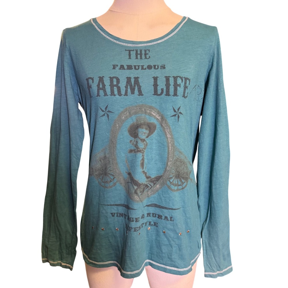 Cache Graphic Tee Women S/M Teal Good The Fabulous Farm Life Long Sleeve Y2K